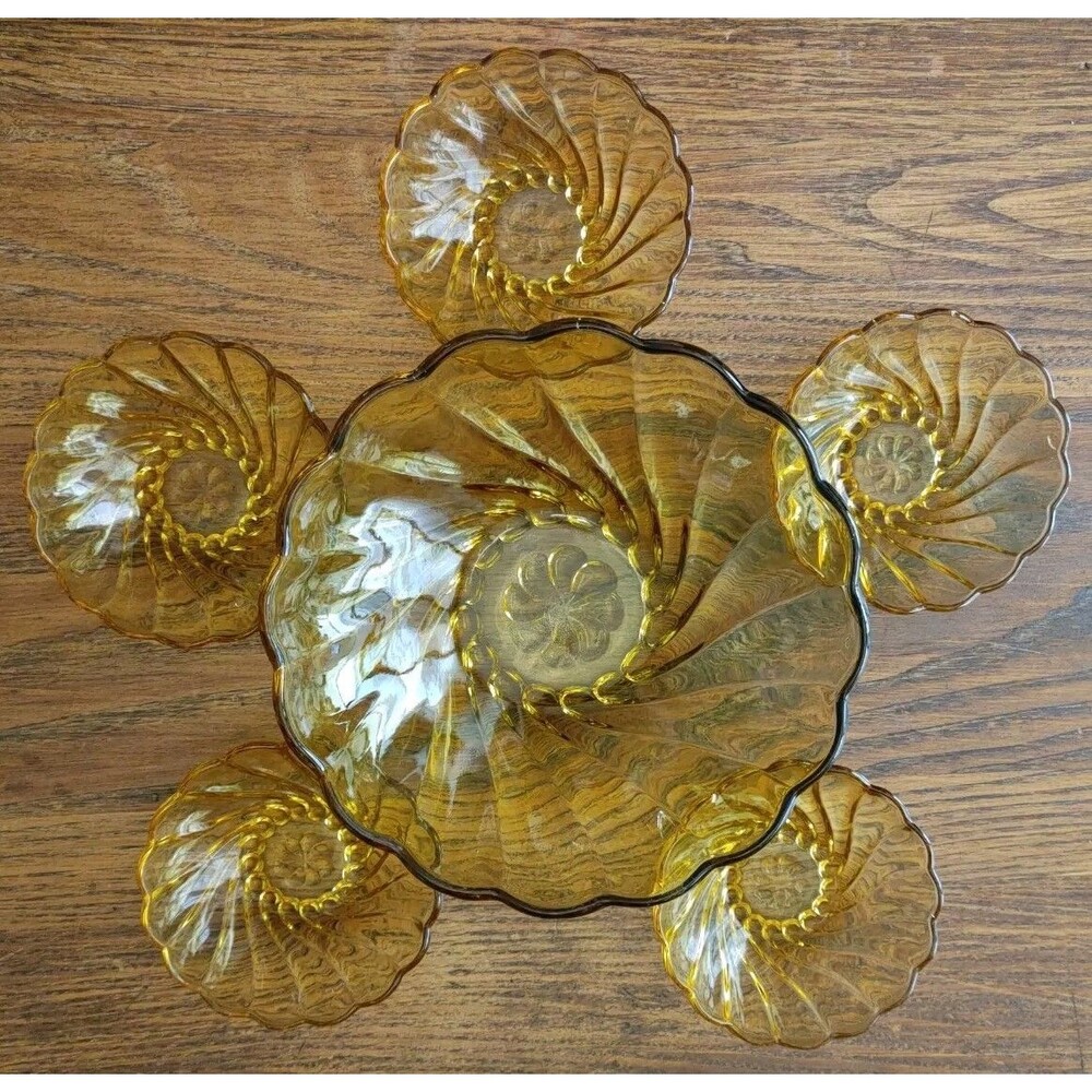 Hazel Atlas Glass Amber Colonial Swirl 6 Piece Berry Bowl Set